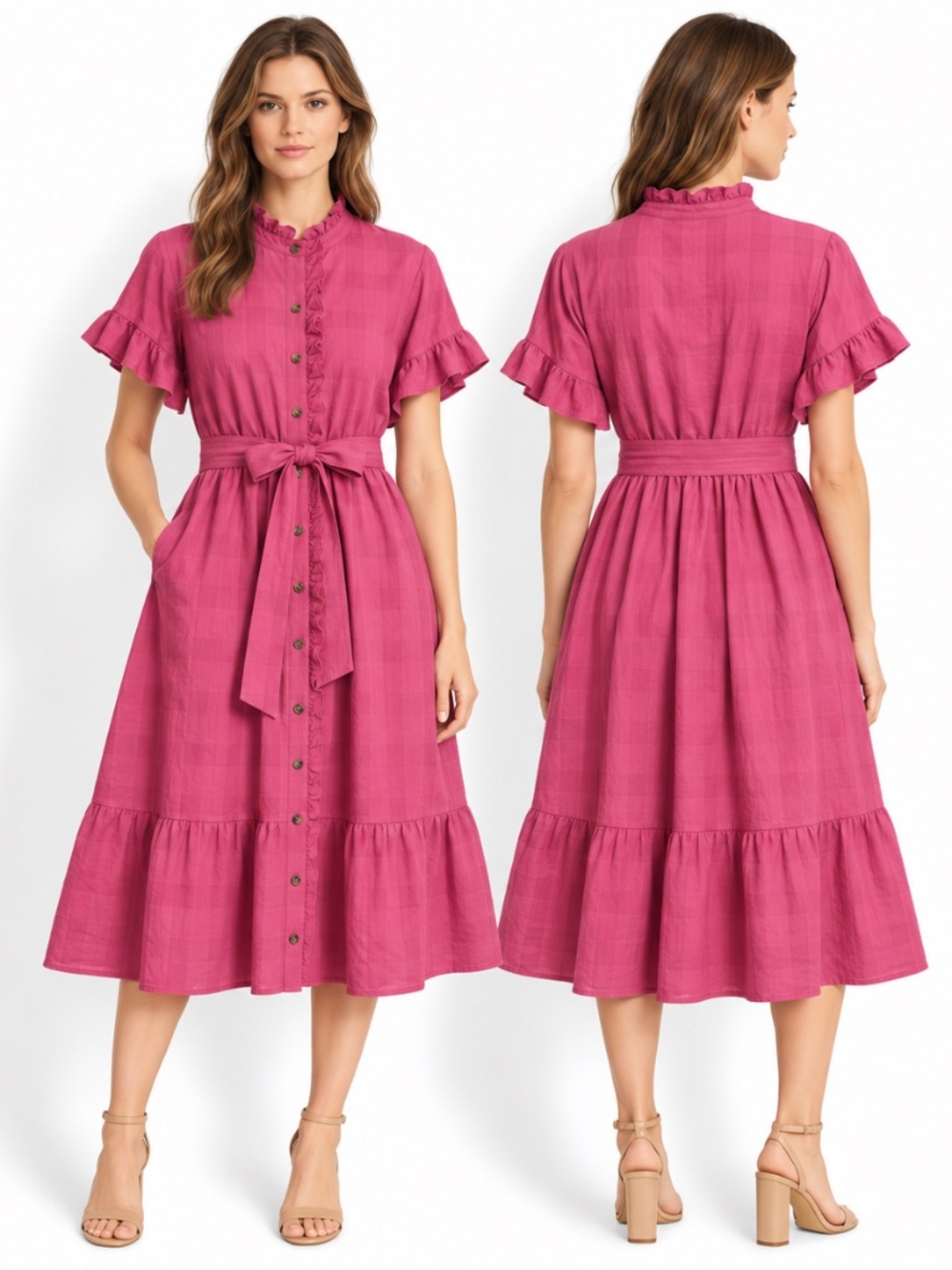 Who What Wear Pink Ruffle Belted Tiered Midi Dress M